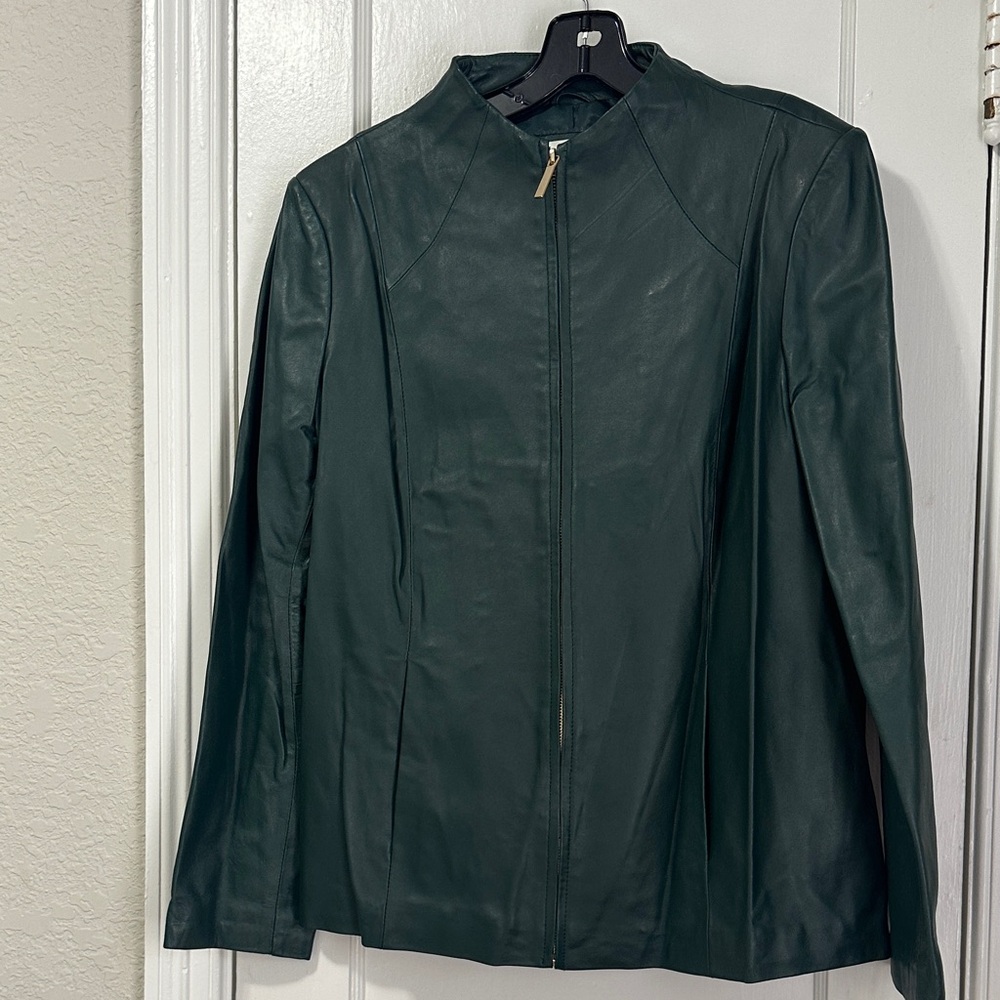 Neiman Marcus Dark Green Leather Zip Jacket